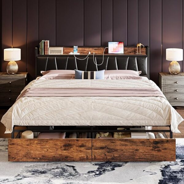 King Size Bed Frame, Storage Headboard with Charging Station, Platform Bed with