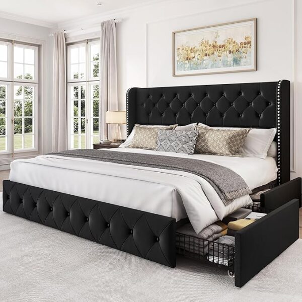 Bed Frame with 4 Storage Drawers and Tufted Headboard Velvet Upholstered