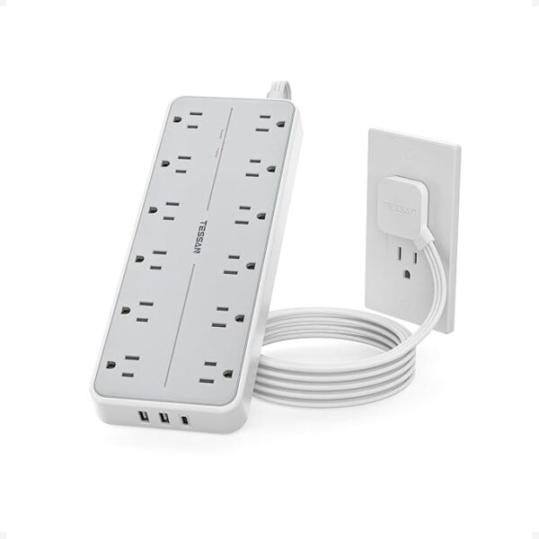 Surge Protector Power Strip, TESSAN Extension Cord with Multiple Outlets, 12 AC Outlets, 3 USB Ports(1 USB