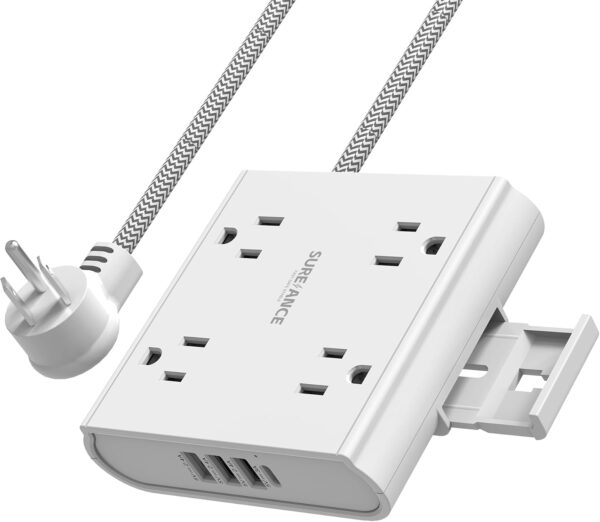 Surge Protector Power Strip with 4 AC Outlets, 3 USB-A Ports, 1 USB-C Port, White, 1050J, 5FT Flat Plug