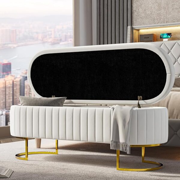 50" Storage Bench Ottoman End of Bed Bench Bedroom Bench, Upholstered Velvet Long Window Bench with