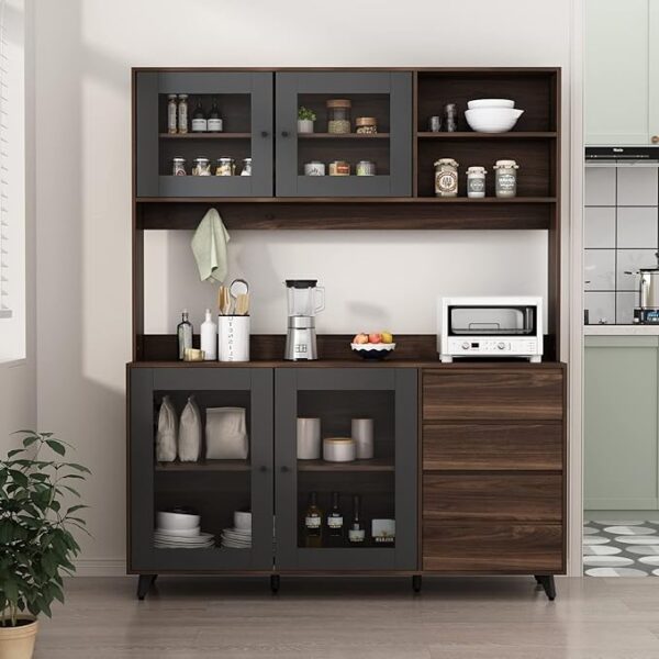 Kitchen Hutch Cabinet, Storage Cupboard Pantry with 4 Glass Doors, 4 Drawers & Microwave Shelf, fo