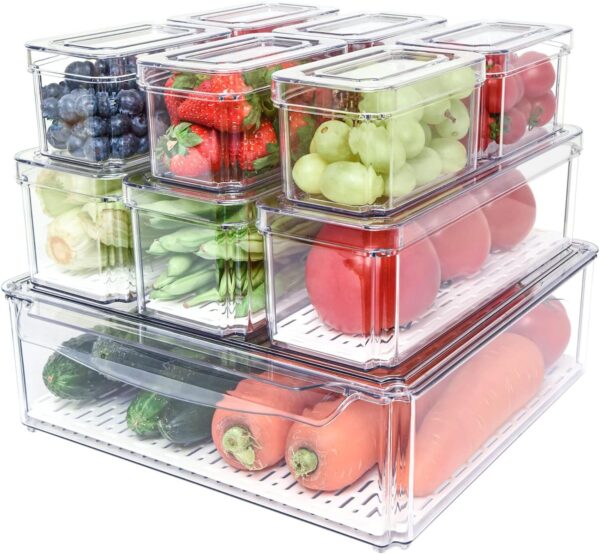 Pack Fridge Organizer, Stackable Refrigerator Organizer Bins with Lids, BPA-Free Produce Fruit