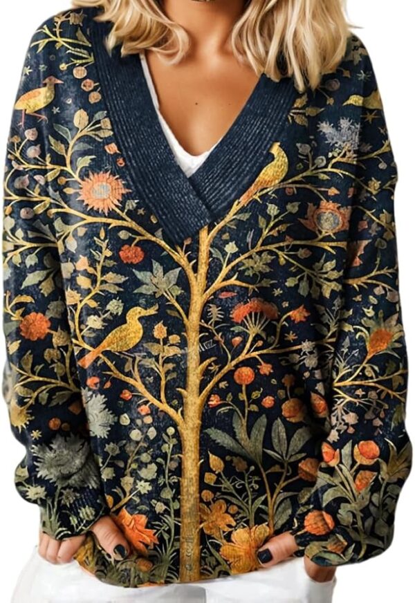 Women's Casual Cute Graphic Print V-Neck Pullover Sweater Fall and Winter Oversized Vintage