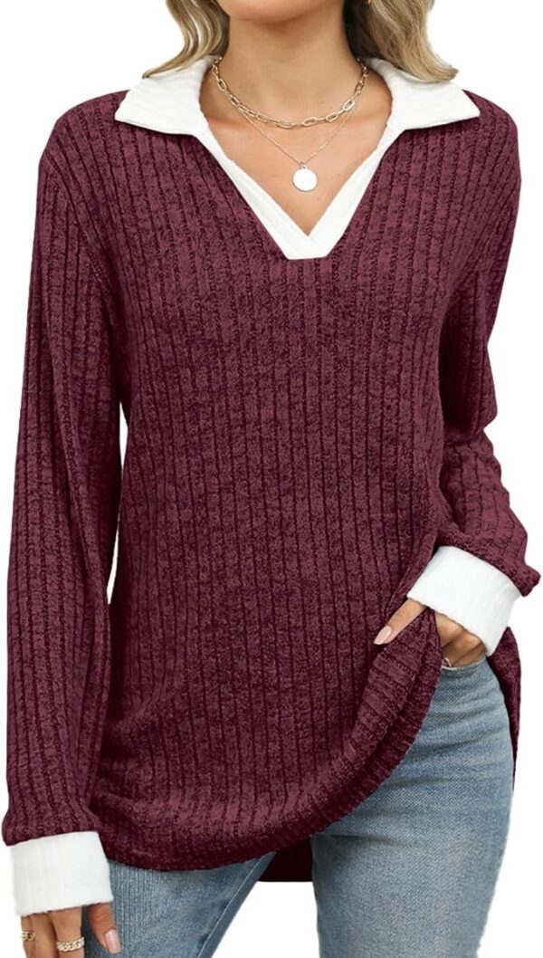 Women's Contrast Collared Shirts Casual Long Sleeve Ribbed Fall Tops Lightweight Tunic