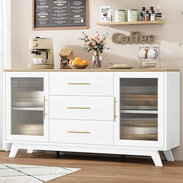 Storage Cabinet, 56’’ Sideboard Buffet Cabinet with 3 Large Drawers and Fluted Glass Door,