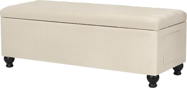 Homebeez 46 Inch Fabric Storage Bench with Side Storage Pocket, Rectangle Long Ottoman for End of Bed,
