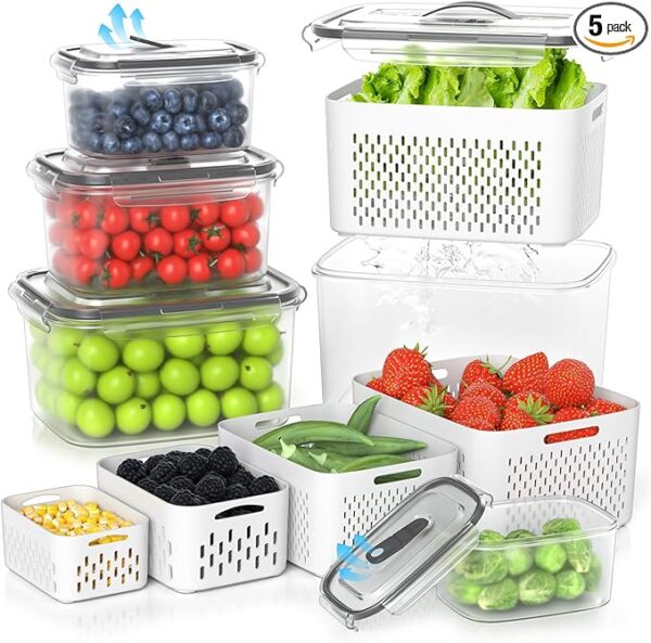 Fruit Storage Containers for Fridge - Clear Berry Containers with Colander, Airtight Fridge Organizer