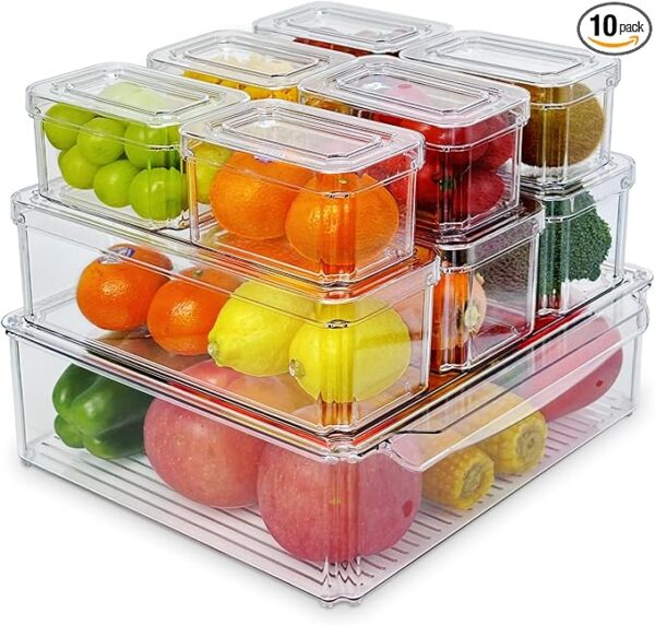Fridge Organizer, Stackable Refrigerator Organizer Bins with Lids, BPA-Free Produce Fruit