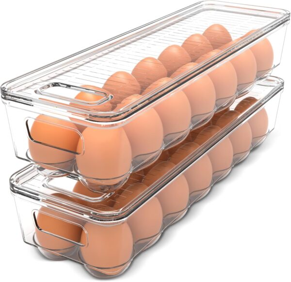 Home Egg Container With Lid and Handle for Refrigerator - Pack of 2 - Clear Stackable Egg Holder for