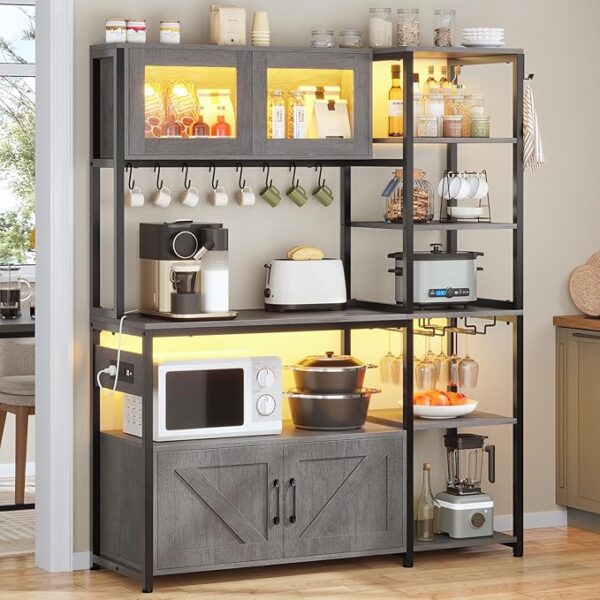 Bakers Rack with Power Outlet and LED Light, 45.3 Inch Farmhouse Coffee Bar