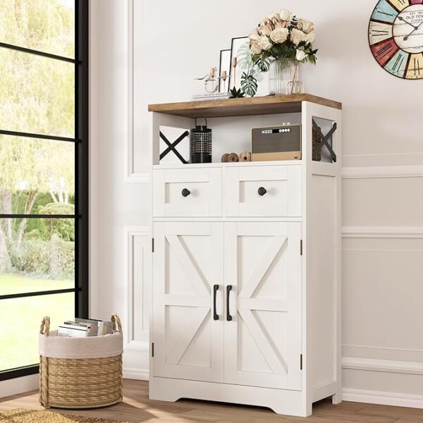 White Storage Cabinet with Doors and Drawers, Freestanding Kitchen Pantry Cabinet,