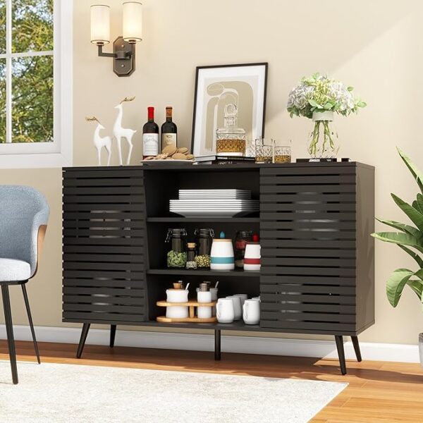 Black Fluted Sideboard Buffet Cabinet with Storage: 47.24" Modern Accent Cabinet with 2 Doors, Living