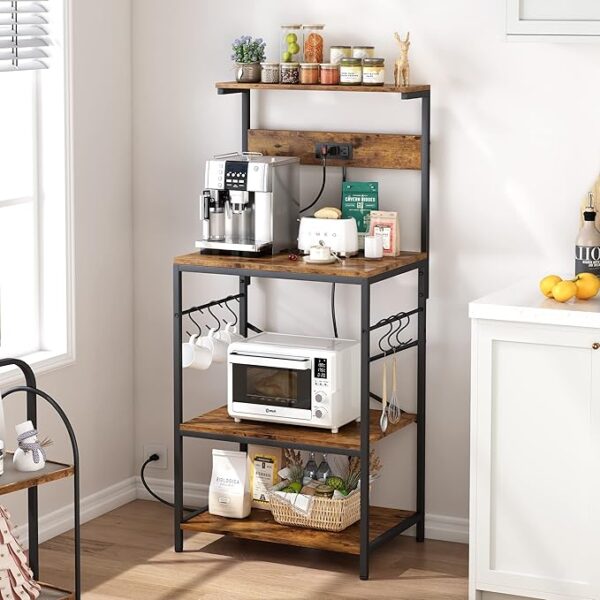 Kitchen Bakers Rack with Power Outlet, Coffee Bar Table 4 Tiers, Kitchen Microwave