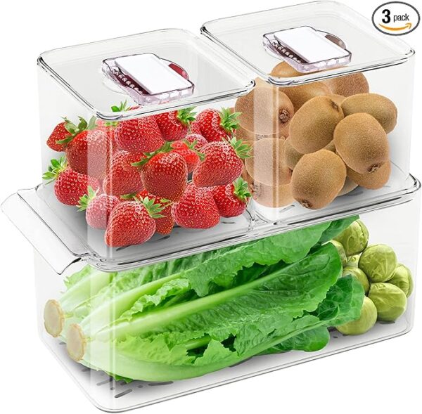 Produce Saver Containers for Refrigerator, Food Fruit Vegetables storage, 3 Pcs Stackable Freezer Fridge