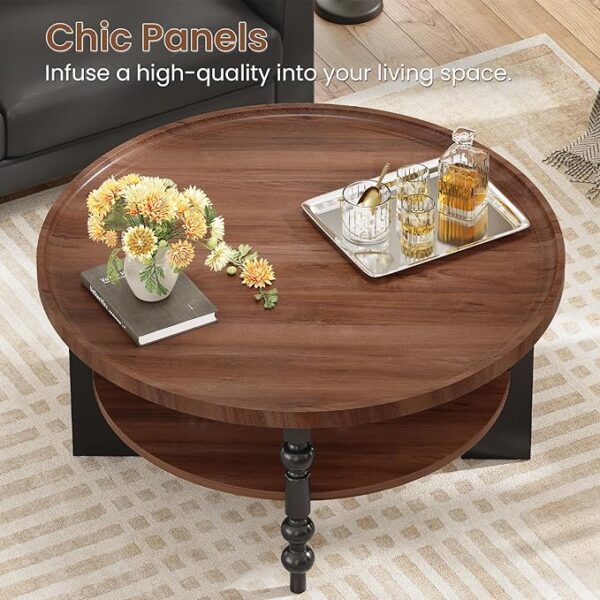 Round Coffee Table, 2-Tier Coffee Table with Storage, Farmhouse Circle Coffee Table with
