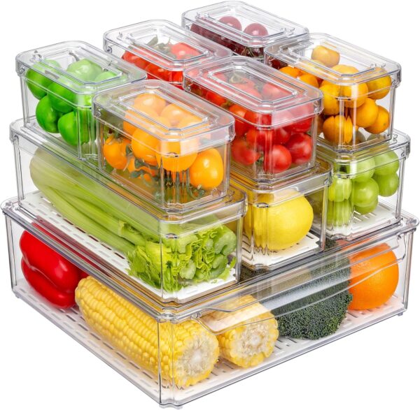 Refrigerator Organizers and Storage, Stackable Fridge Organizer Bins with Lids, BPA-Free Produce